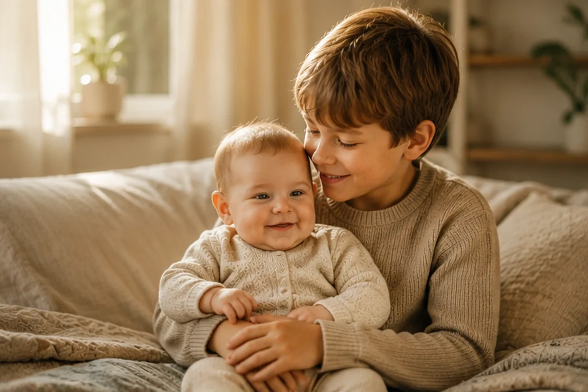 Baby en oudere broer knuffelen samen op de bank