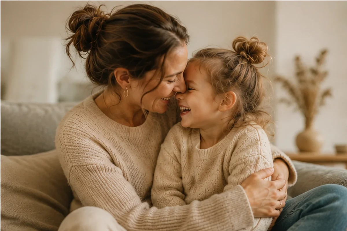 Moeder en dochter knuffelen lachend samen