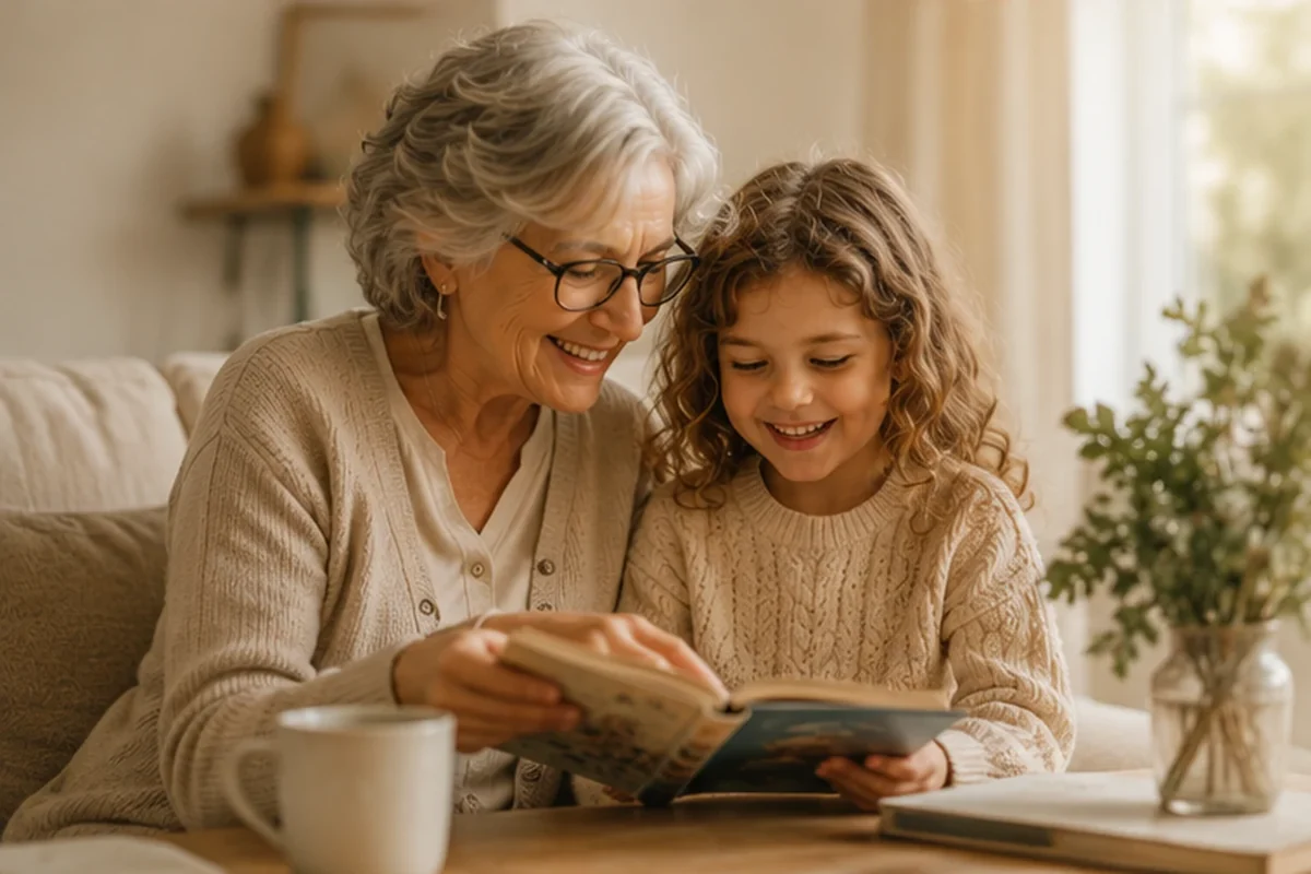 Oma leest samen met haar kleindochter een boek